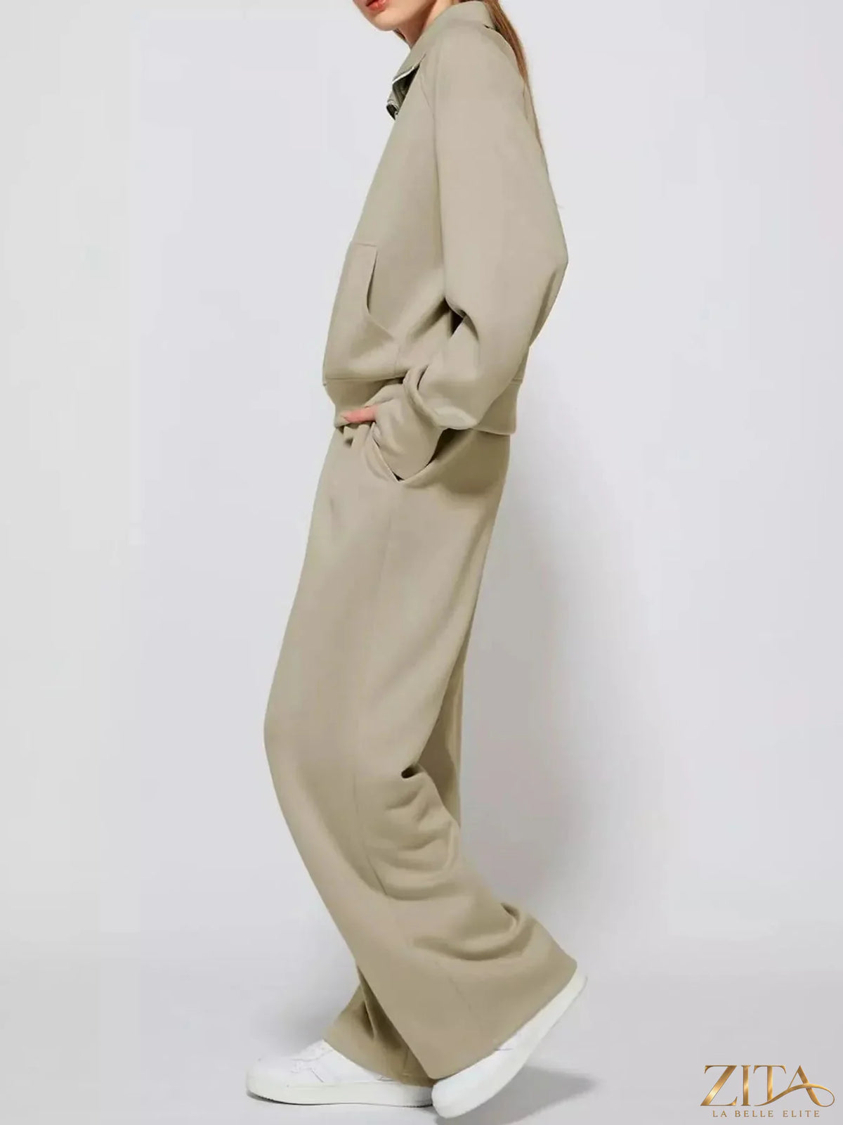 Zita La Belle Elite half-zip sweatshirt and wide-leg pants set, featuring comfortable casual wear in soft fabric and relaxed fit.