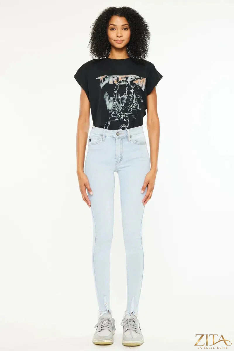 Zita La Belle Elite Kancan high rise super skinny jeans in dark denim, close-up view showing fit and texture