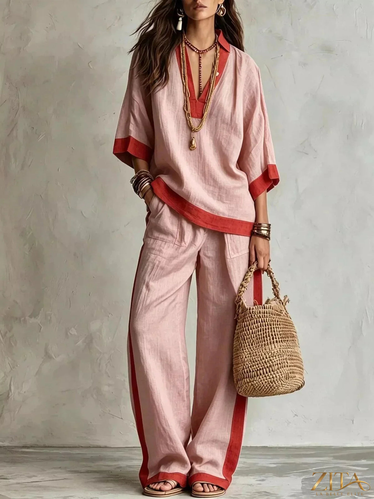 Plus size Zita La Belle Elite contrast trim top and wide leg pants set, stylish and comfortable lounge or casual outfit.