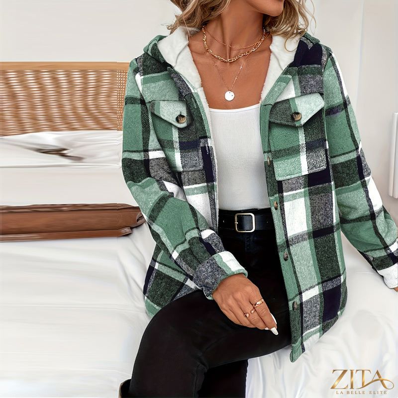 Women's plaid fleece-lined hooded jacket by Zita La Belle Elite, showing the cozy plaid pattern and hooded design.