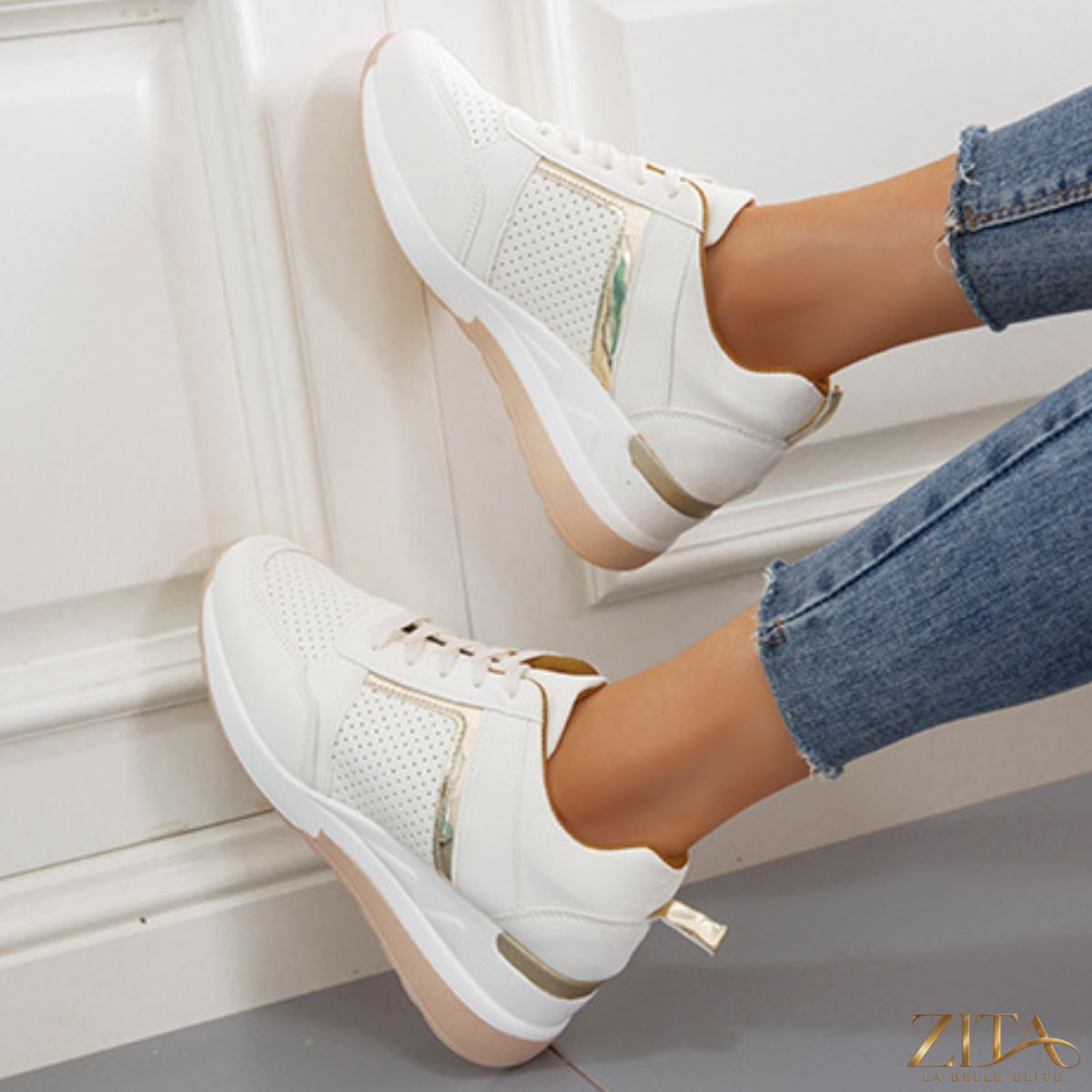 Zita La Belle Elite lace-up wedge sneakers with white and beige design, featuring chunky soles and stylish casual footwear.