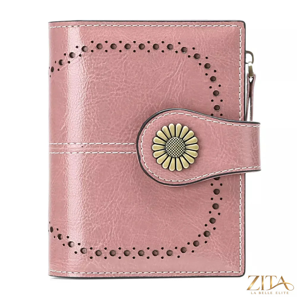 Leather bifold wallet by Trendsi showing multiple card slots, cash pocket, and sleek brown leather finish.