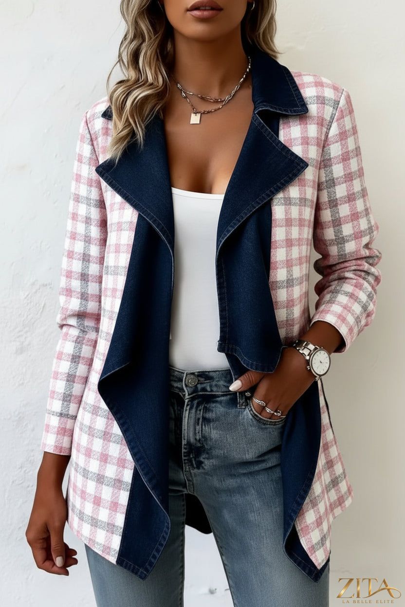 Patchwork denim collar coat for women by Zita La Belle Elite, long-sleeved, mid-length coat with vibrant patchwork design.