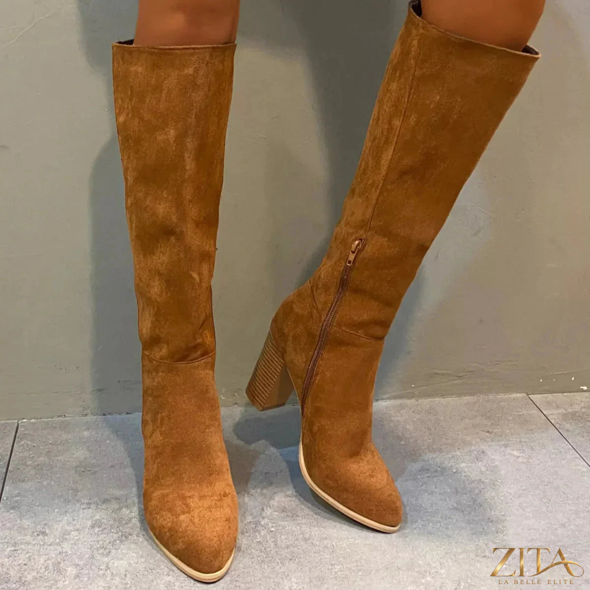 Zita La Belle Elite point toe block heel boots in black leather, featuring sleek design and sturdy block heel.