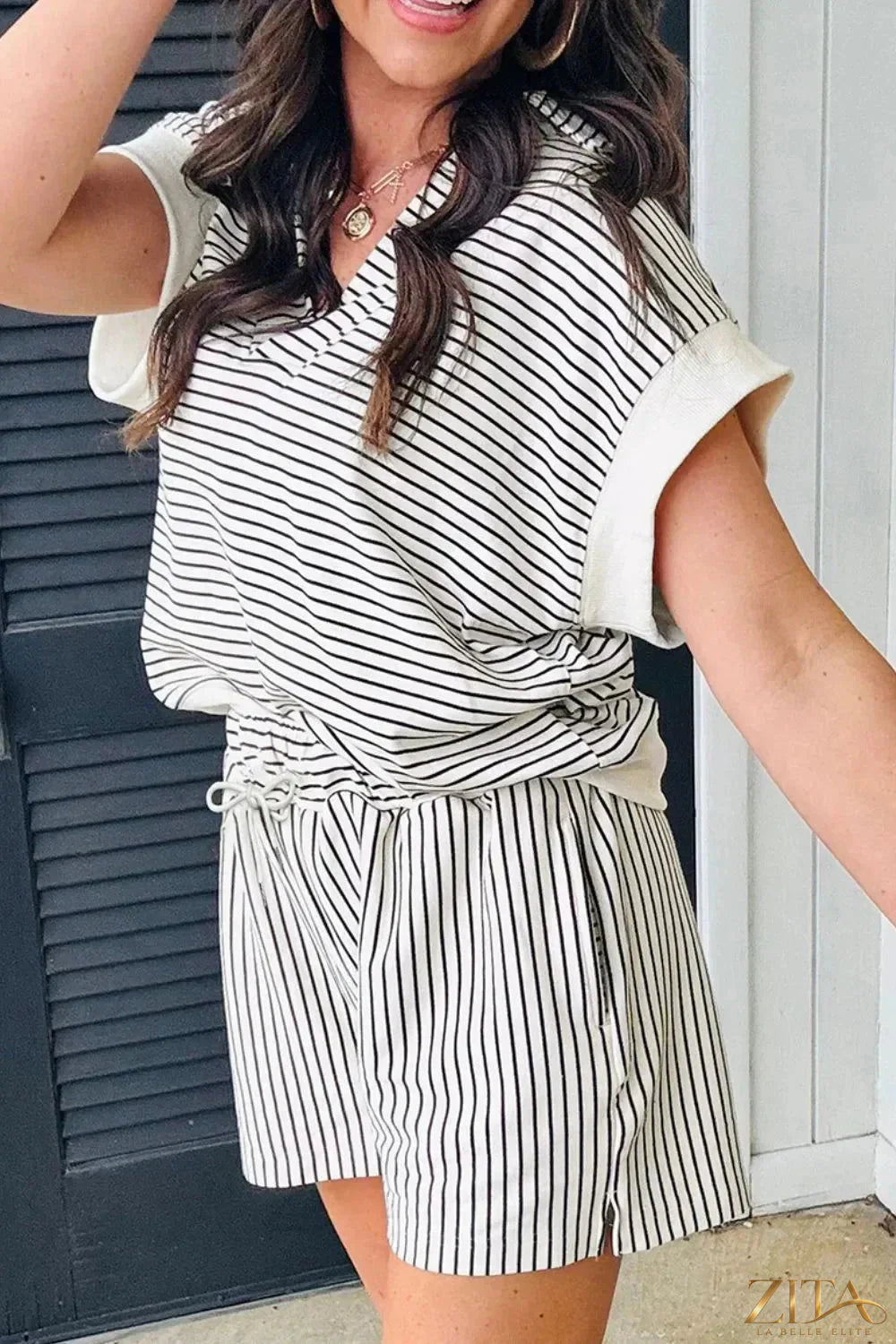Trendsi Stripe V Neck Tee and casual shorts set, two-piece outfit, featuring a striped V-neck top and matching shorts, casual style.