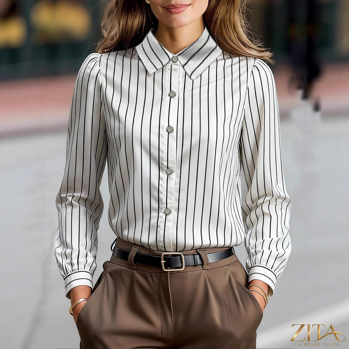 Black and white striped silky satin lapel shirt by Zita La Belle Elite, showing the smooth fabric and stylish lapel design.