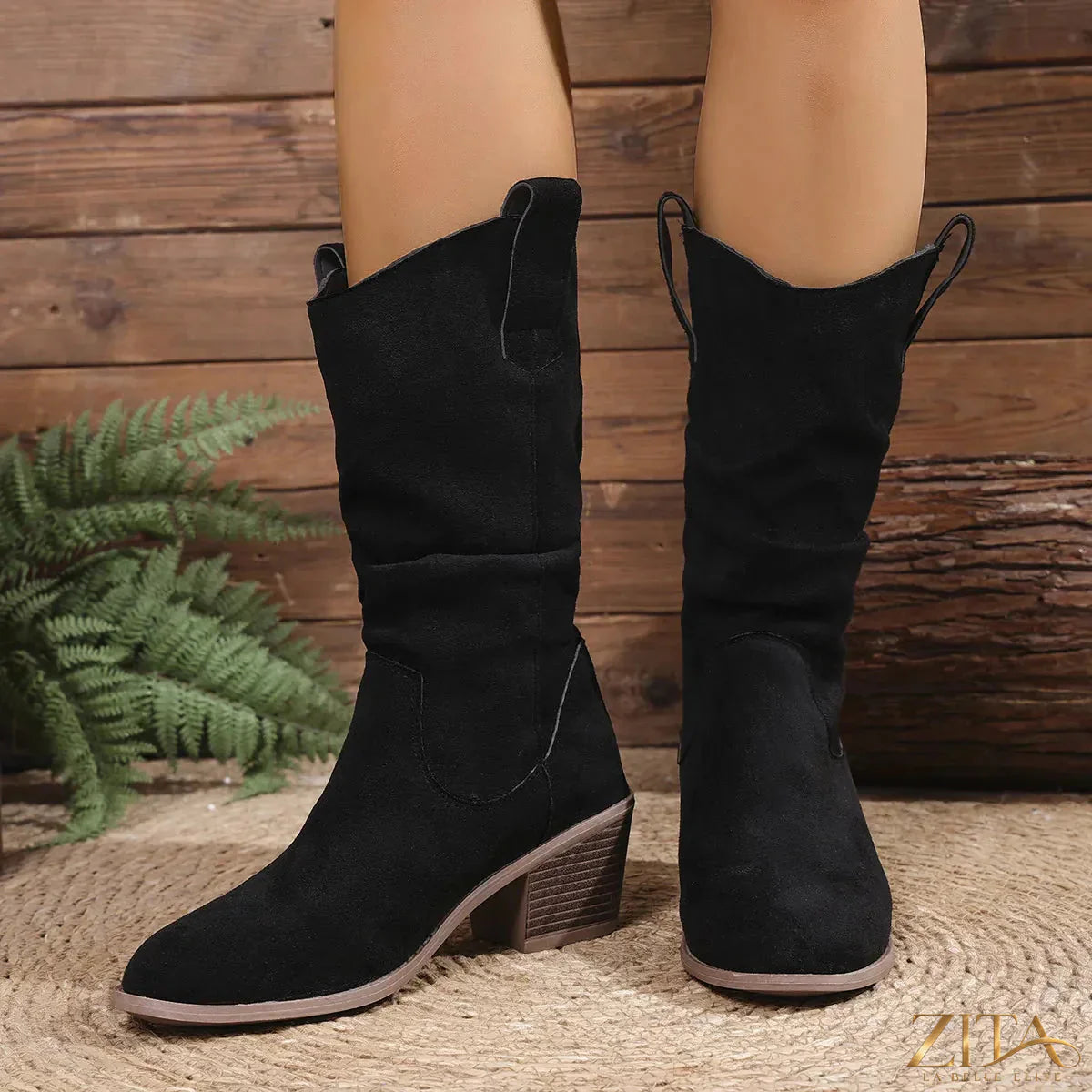 Trendsi suede block heel boots featuring a sleek design, ankle height, and stylish pointed toe for a modern, chic look.