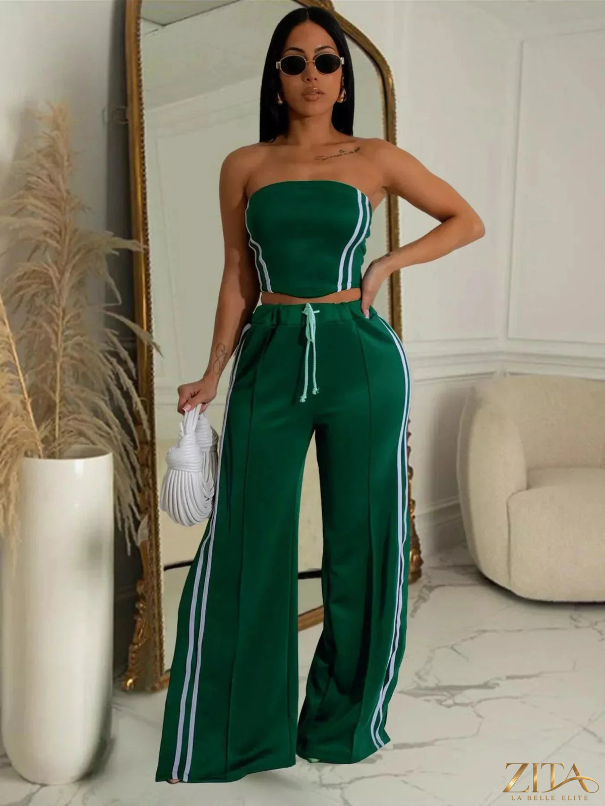 Zita La Belle Elite sleeveless tube top and wide-leg pants set displayed on a mannequin, featuring a stylish coordinated outfit.