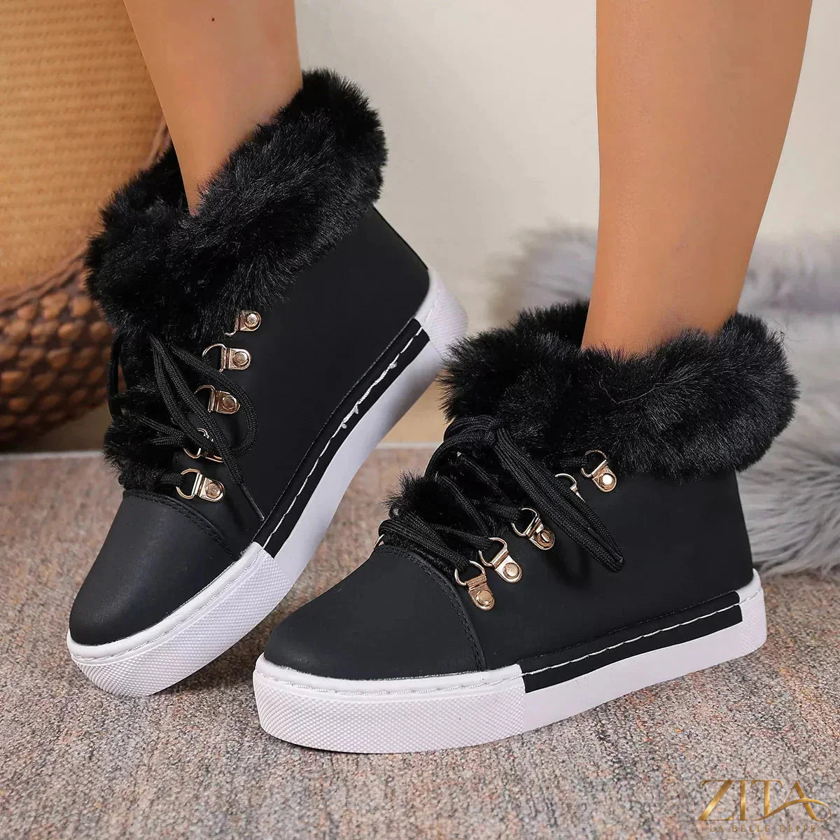 Zita La Belle Elite round toe platform boots with chunky heels and smooth black leather finish.