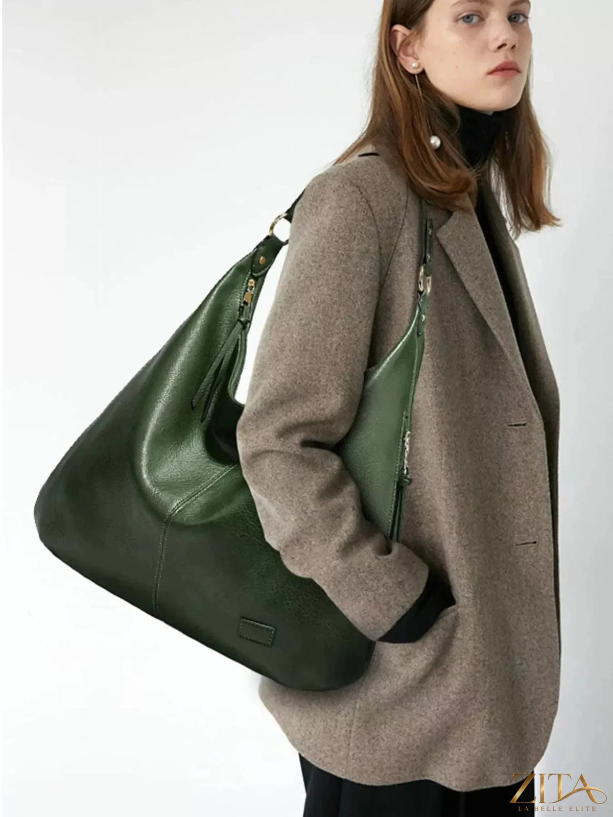 Zita La Belle Elite leather slouchy shoulder bag with adjustable strap, soft textured brown leather and spacious interior.