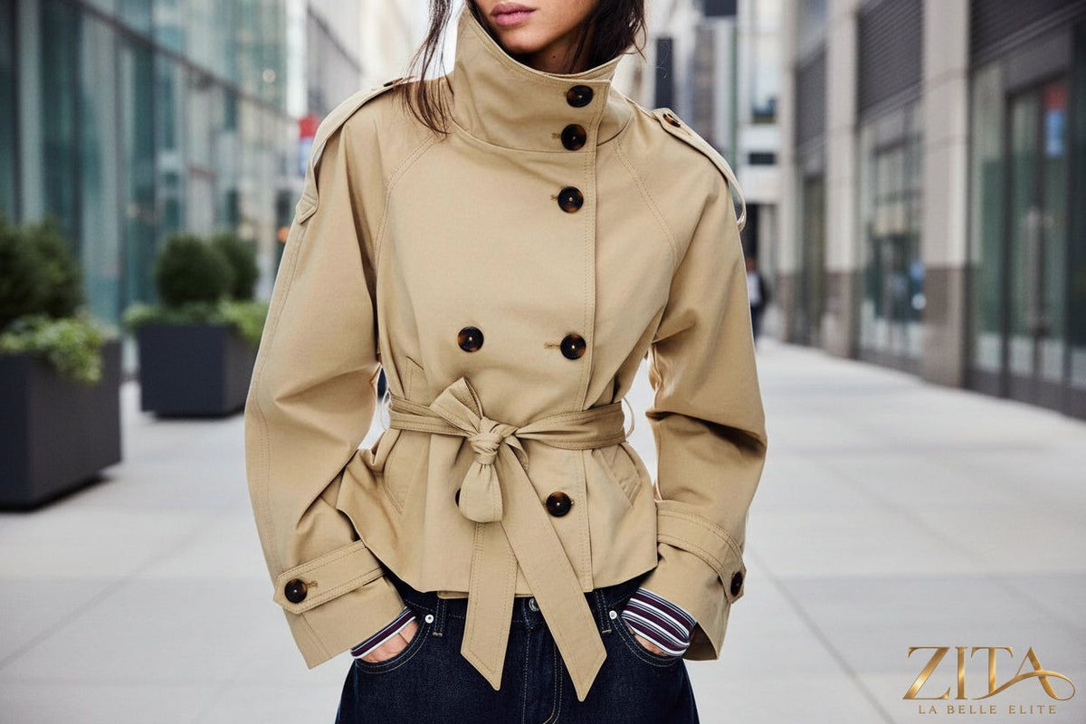Women’s lace-up waist trench coat by Zita La Belle Elite, stylish jacket with a tailored fit and lace-up front detail.