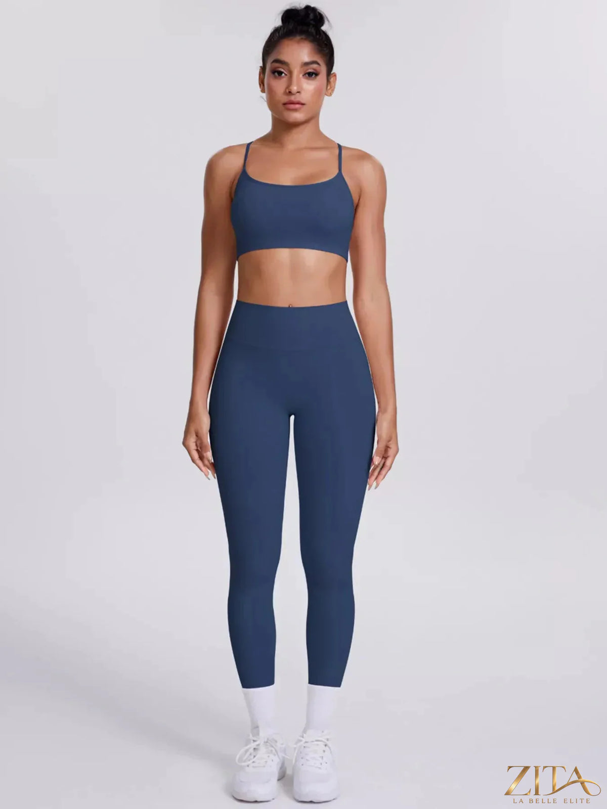 Zita La Belle Elite criss-cross back cami top and matching black leggings active set, stylish workout apparel on model.