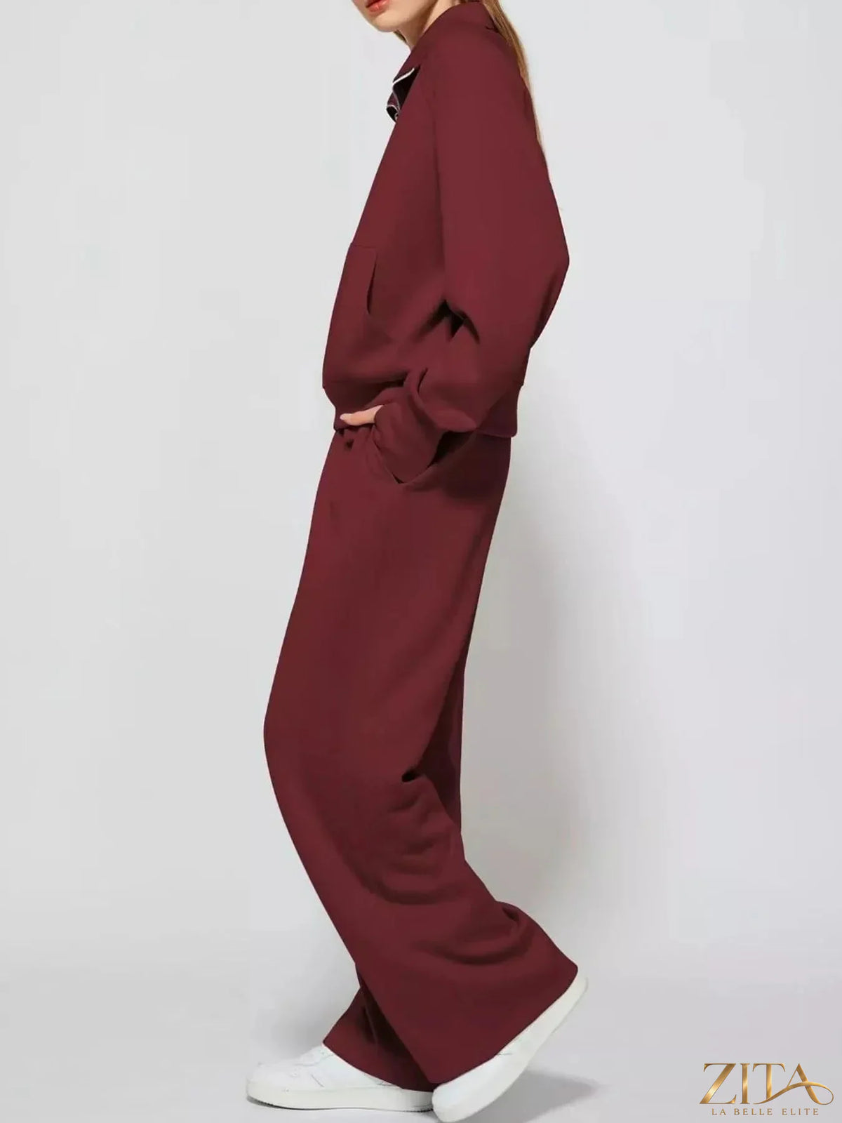 Zita La Belle Elite half-zip sweatshirt and wide-leg pants set in soft fabric, shown in a casual, stylish outfit.