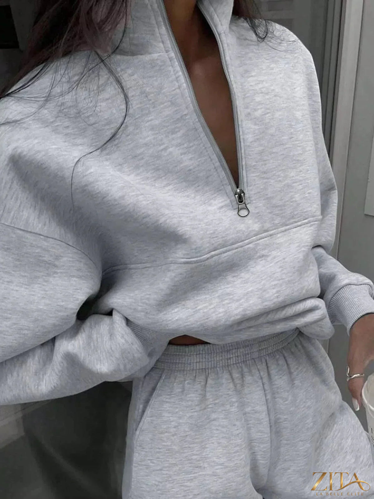 Zita La Belle Elite half zip sweatshirt and matching pants set, soft fabric, in stylish casual wear style.