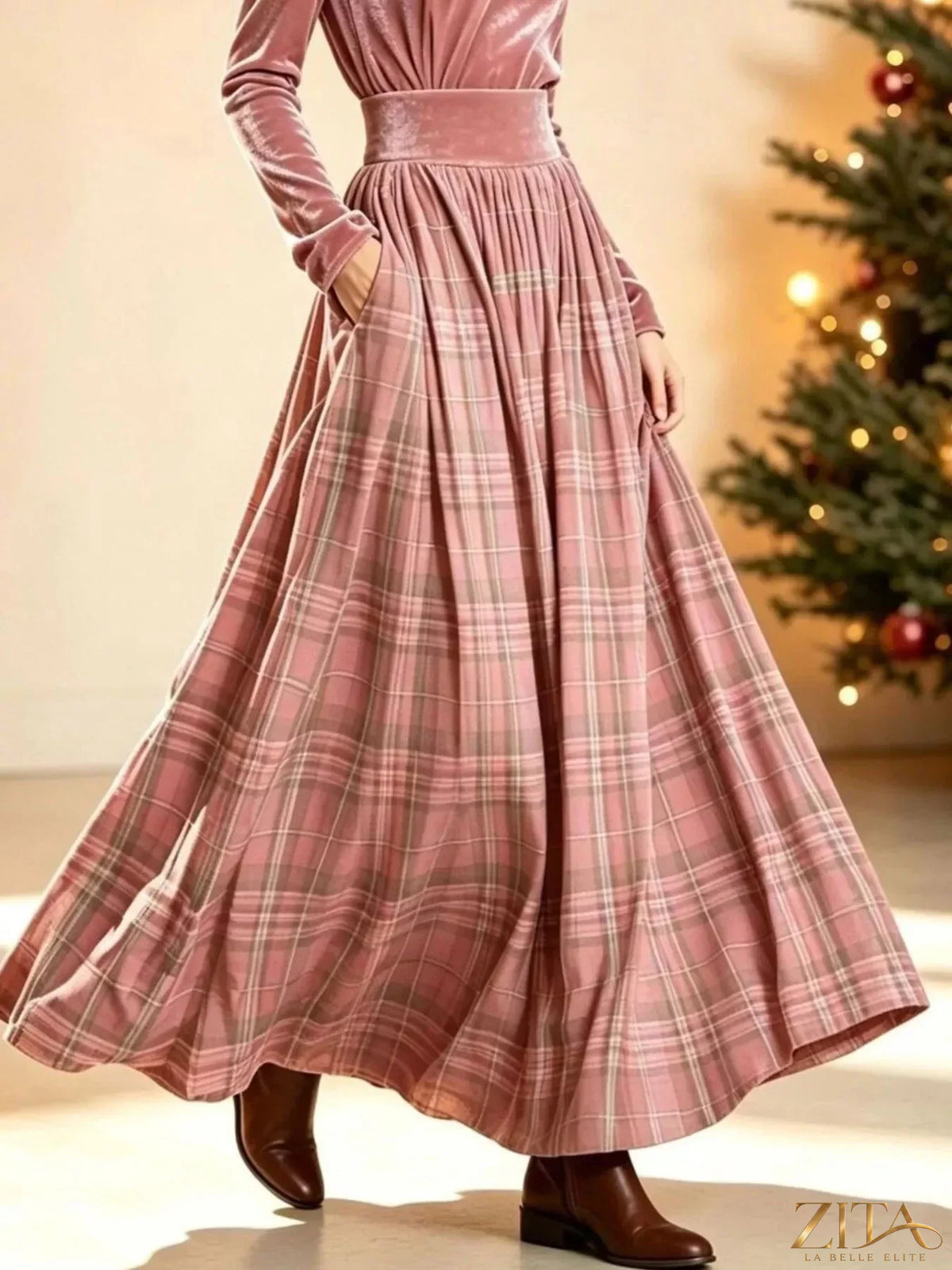 Velvet turtleneck top and plaid maxi skirt two-piece set featuring a stylish, cozy look with fashionable details.