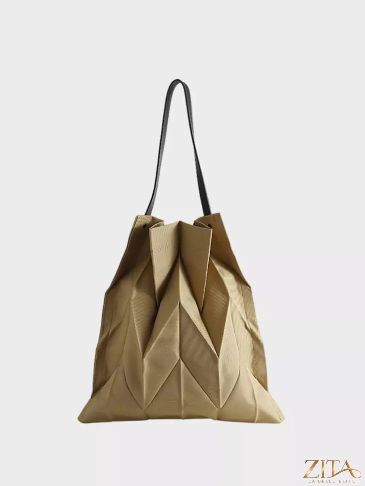 Zita La Belle Elite minimalist geometric pleated tote handbag with structured design and top handles on a neutral background.