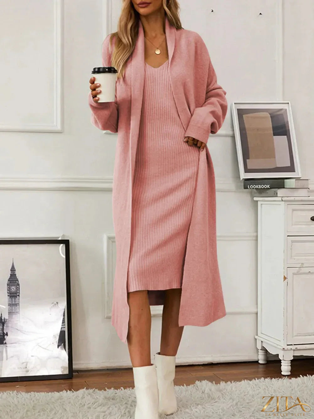Zita La Belle Elite V-neck cami dress with open front cardigan sweater set, featuring a stylish, coordinated fashion look.