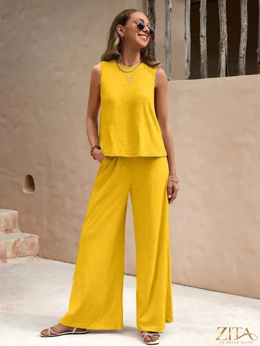 Zita La Belle Elite round neck sleeveless top and wide leg pants set, stylish casual outfit with neutral tones and modern design.