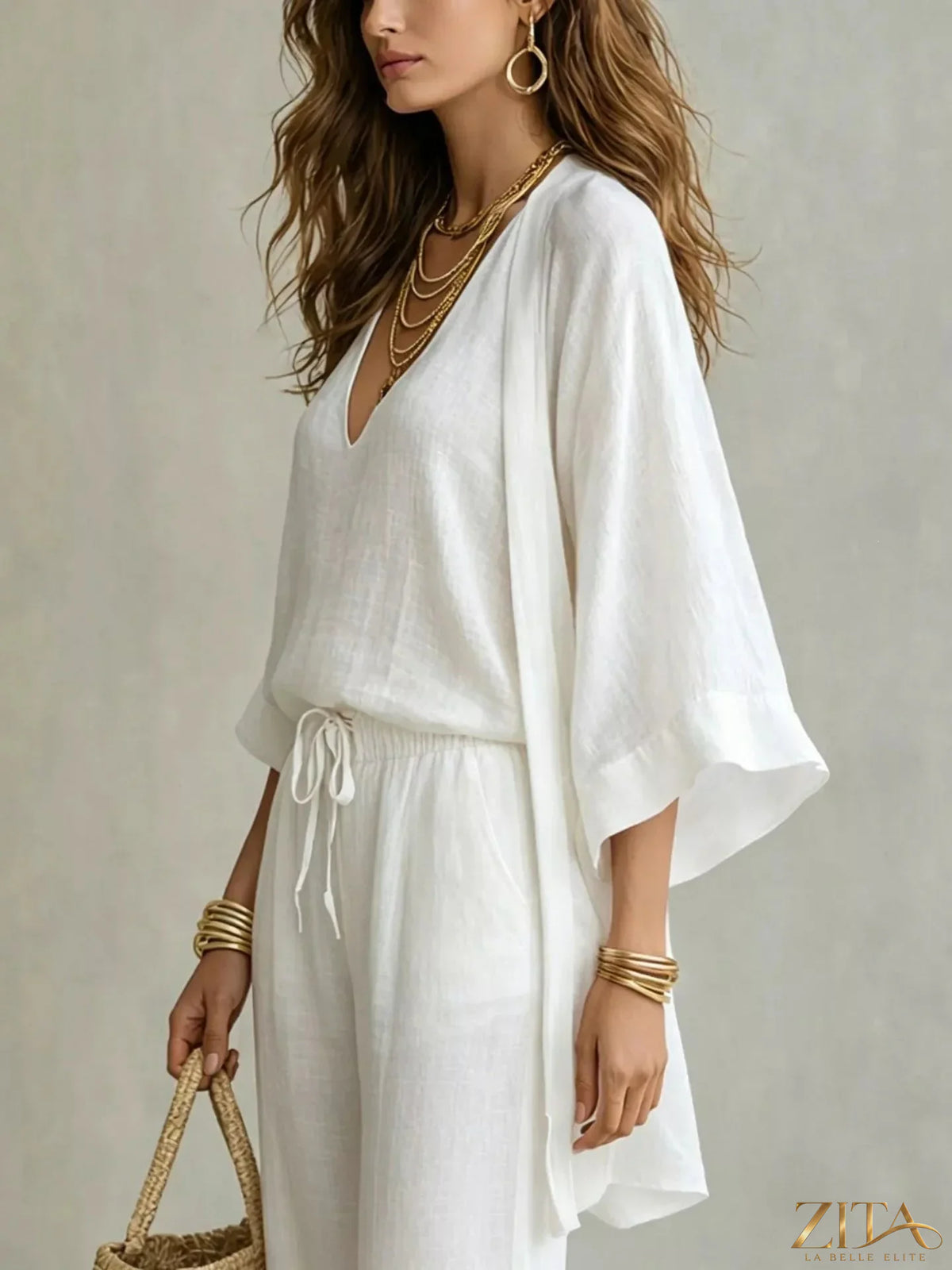 Zita La Belle Elite three-piece set with a V-neck top, cardigan, and pants, shown together in a coordinated fashion.