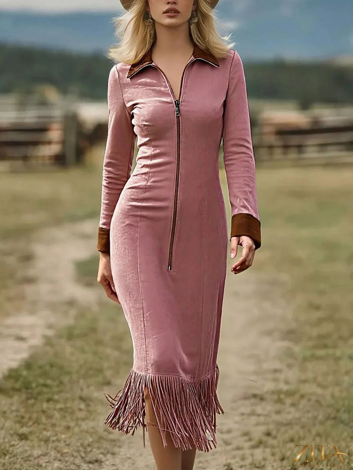 Plus size midi dress with fringe hem, zip front, and full size fit by Trendsi, featuring a stylish and flowing design.