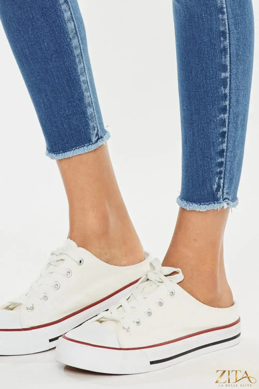 Zita La Belle Elite Kancan distressed raw hem high waist jeans, denim with ripped details and raw frayed hem, front view.