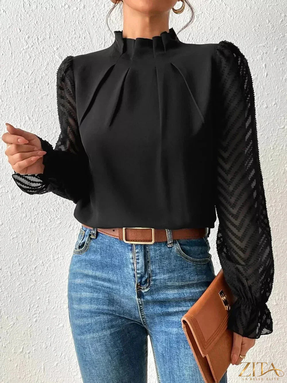 Zita La Belle Elite mock neck blouse with flounce sleeve design, featuring elegant fabric and stylish details.