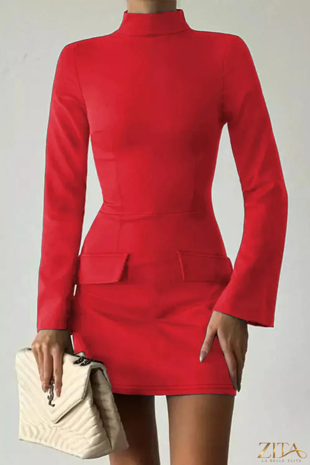 Long-sleeve mini dress with flap pockets from Trendsi, featuring a fitted silhouette and stylish button details.