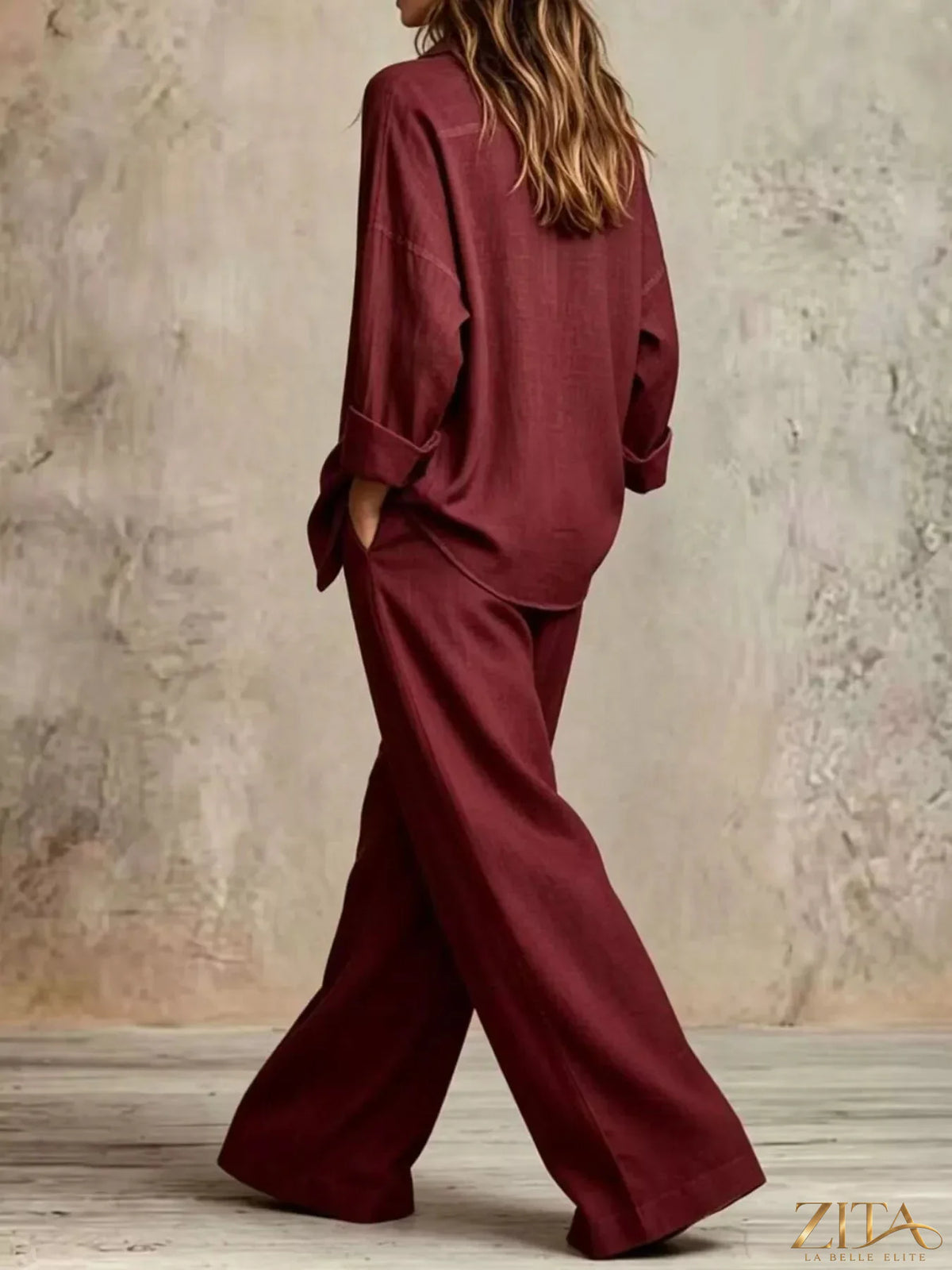 Plus size Zita La Belle Elite button-down shirt and wide-leg pants set, featuring a stylish, coordinated outfit.