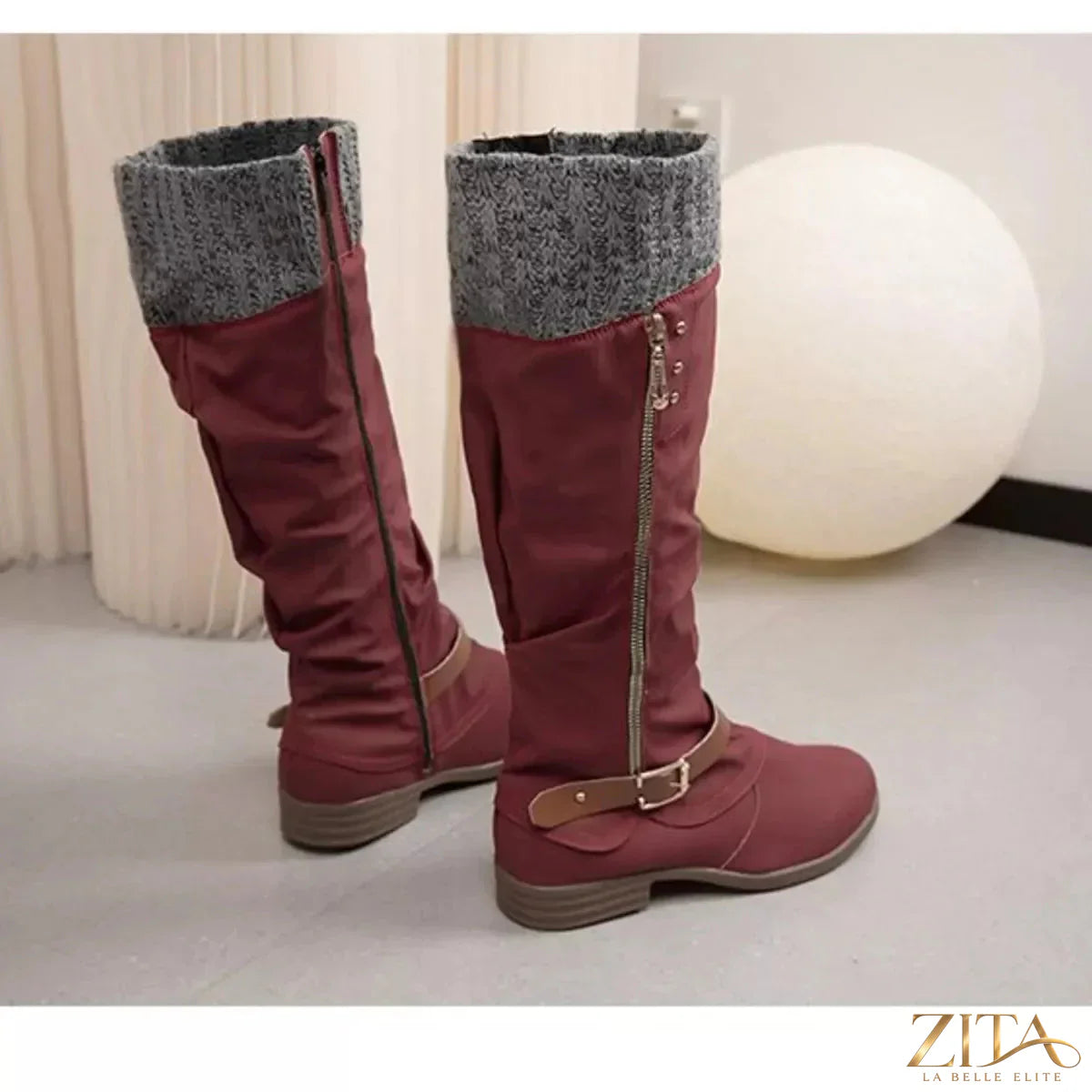Zita La Belle Elite knee-high slouch boots with knit cuff, featuring a relaxed fit and stylish design in black leather.