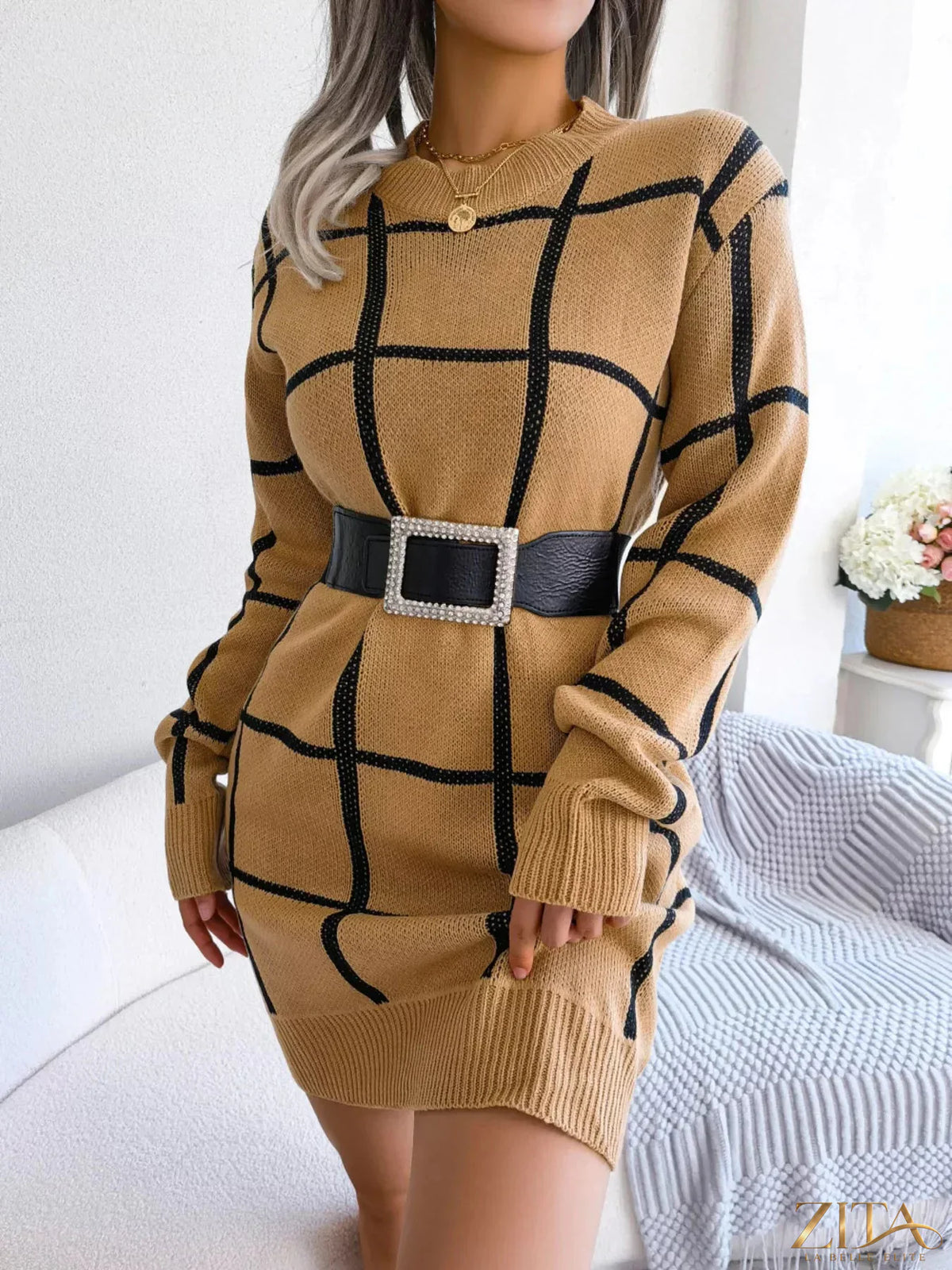 Zita La Belle Elite plaid long sleeve sweater dress featuring a cozy, stylish design in a classic pattern.