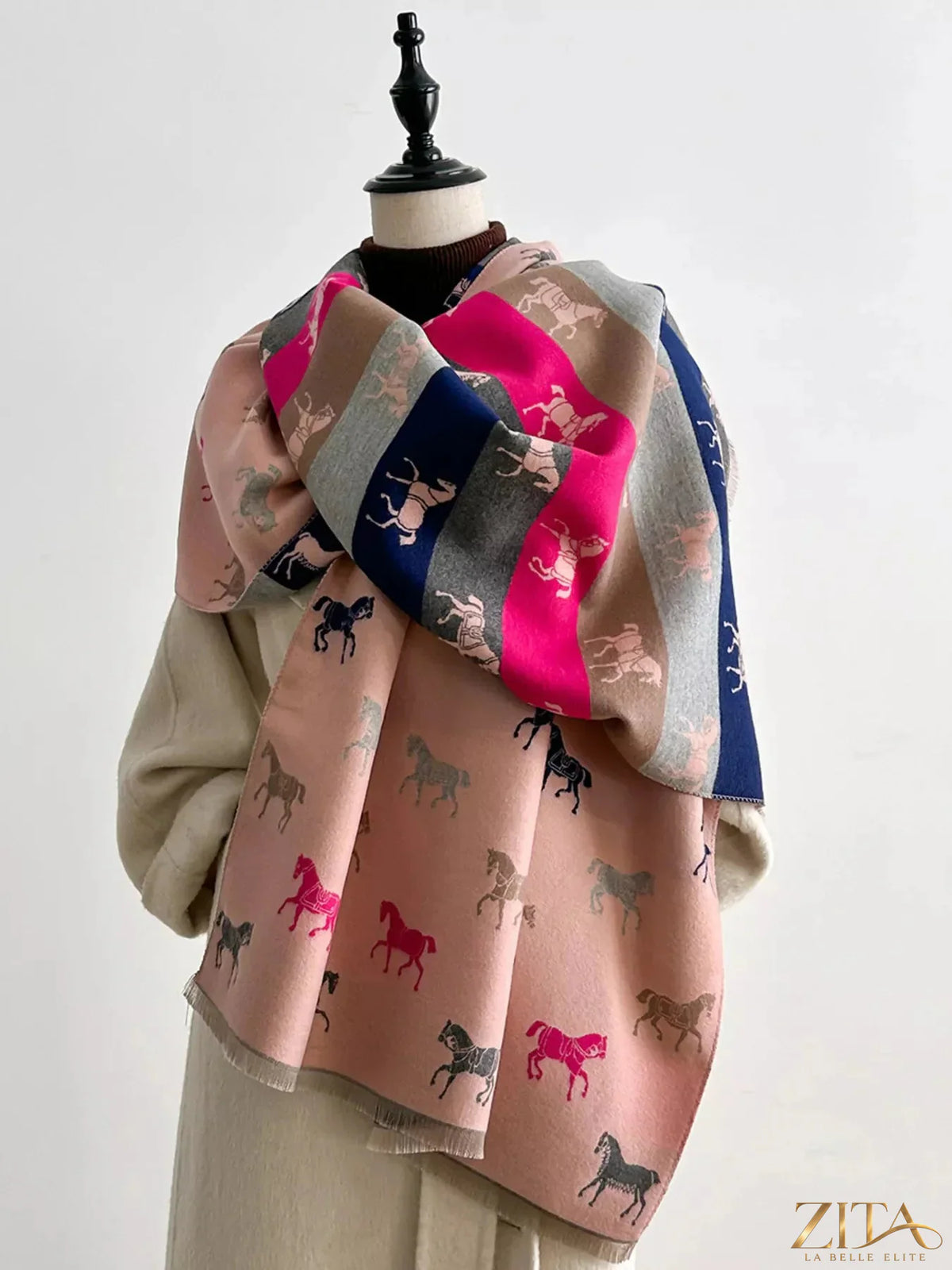 Horse print raw hem scarf by Zita La Belle Elite featuring a soft fabric with a detailed horse design and casual raw edges.