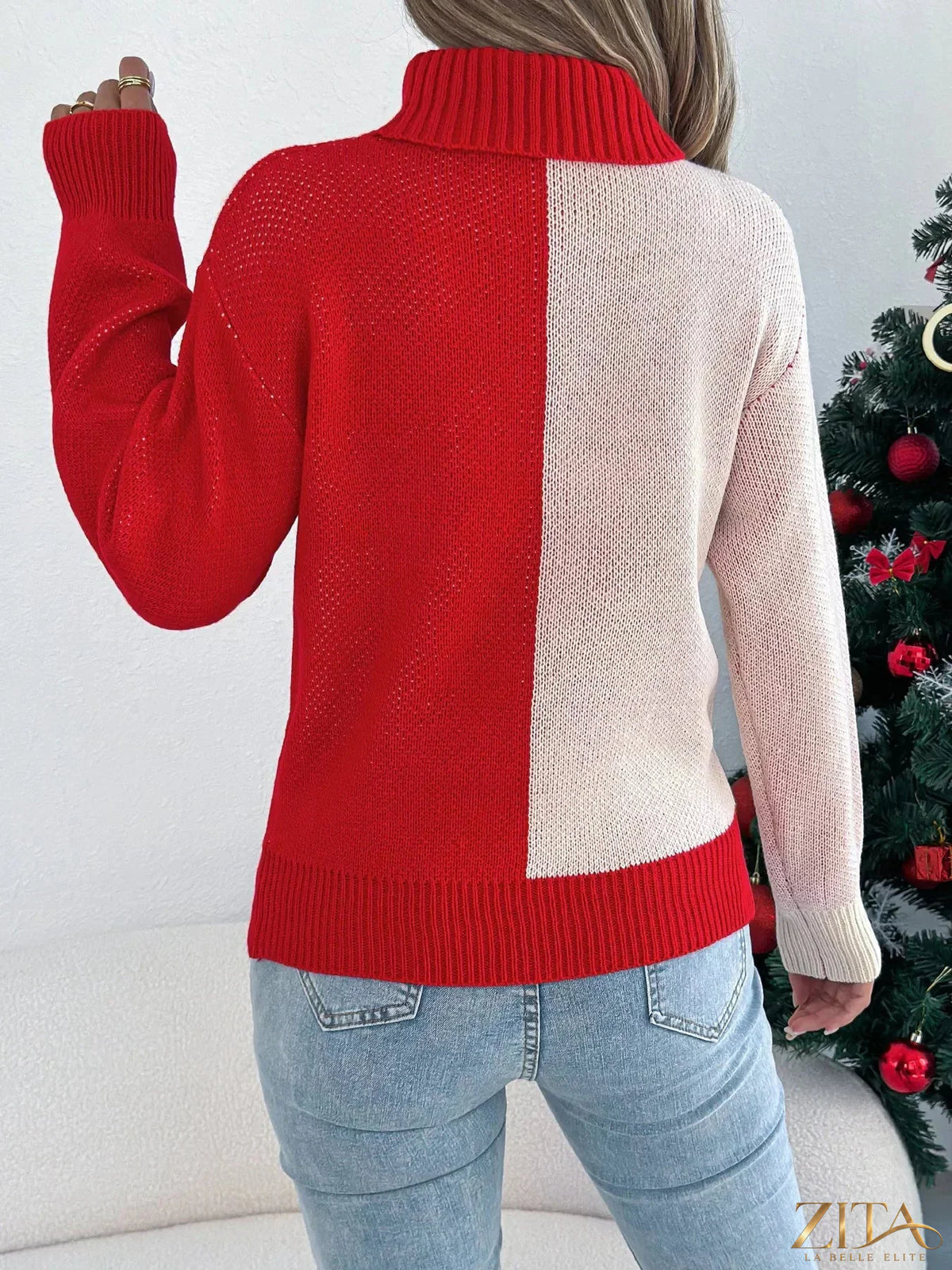 Christmas Reindeer turtleneck sweater by Trendsi featuring festive reindeer pattern and cozy knit fabric.