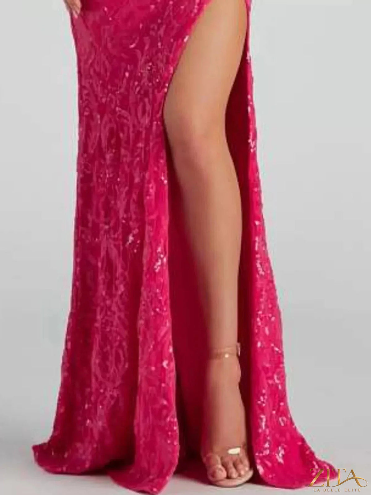 Sequin embellished black bodycon backless evening dress with lace-up back by Zita La Belle Elite, shown on a model.
