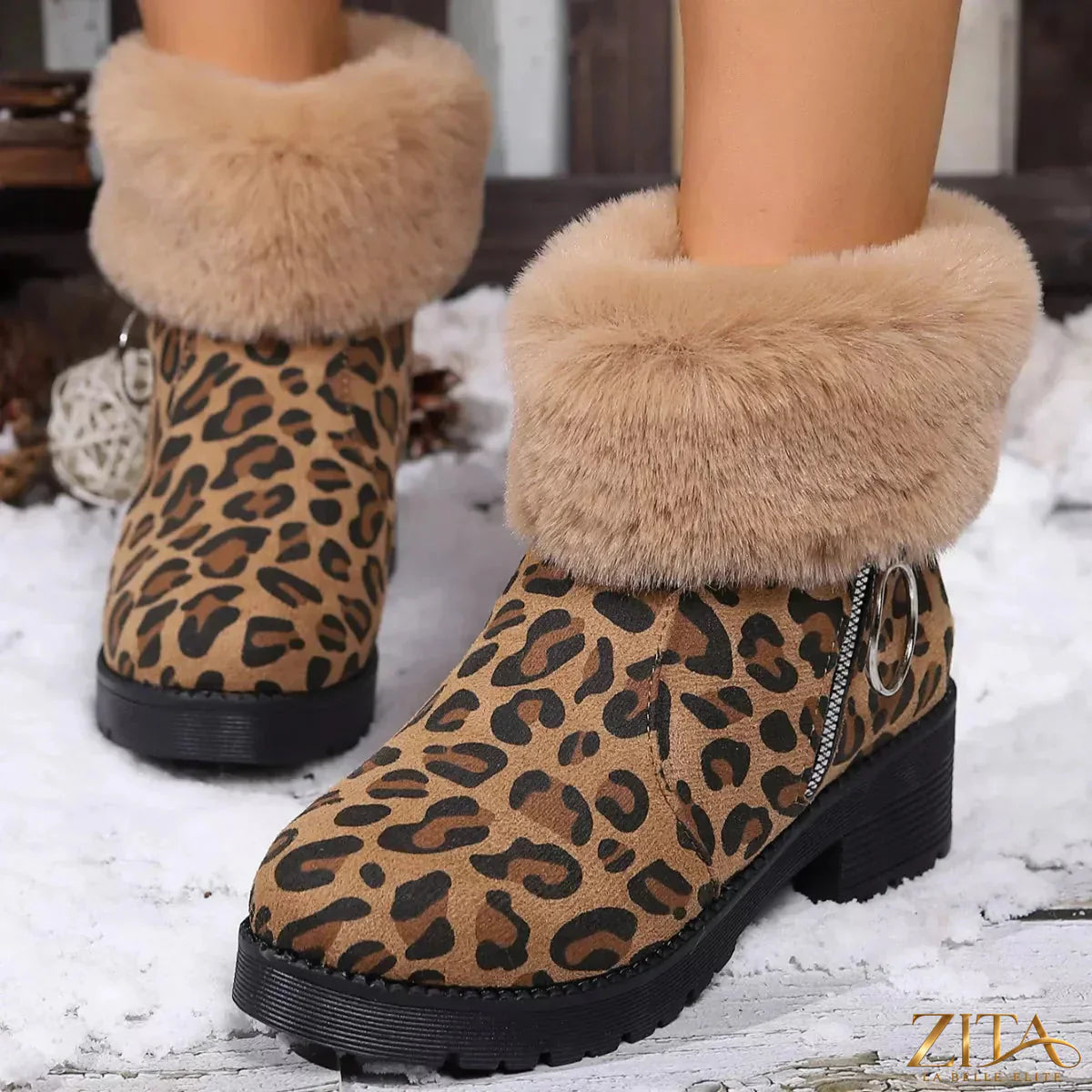 Zita La Belle Elite fuzzy cuff leopard print ankle boots with plush fur detail and stylish leopard pattern.