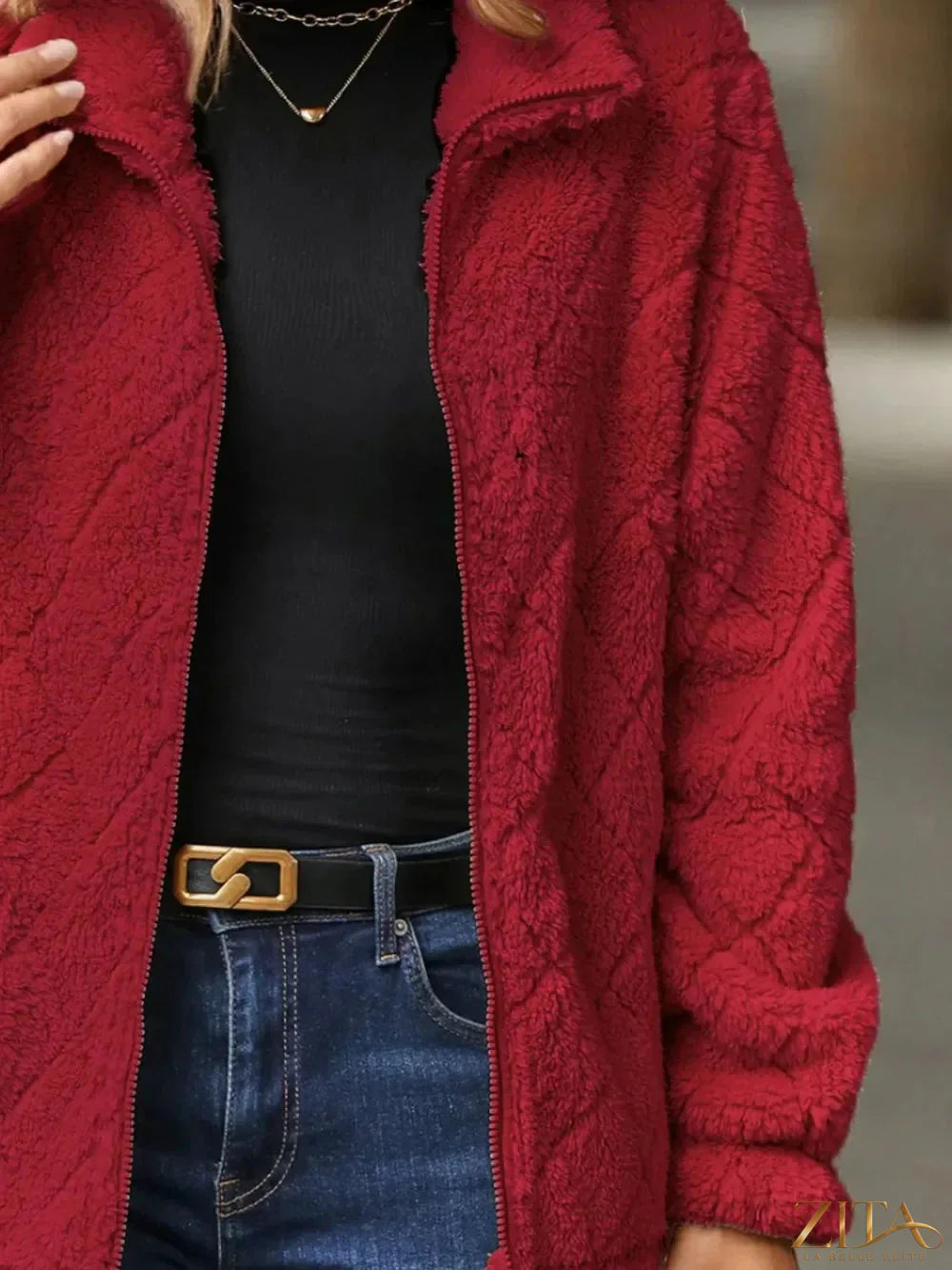Zita La Belle Elite fuzzy pocketed zip-up jacket with front pockets and a cozy, textured fabric in a casual style.