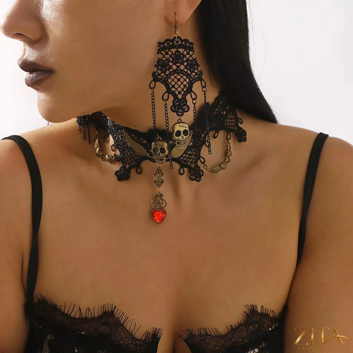 Halloween lace skull necklace and earrings jewelry set featuring gothic lace details and skull motifs, perfect for spooky occasions.