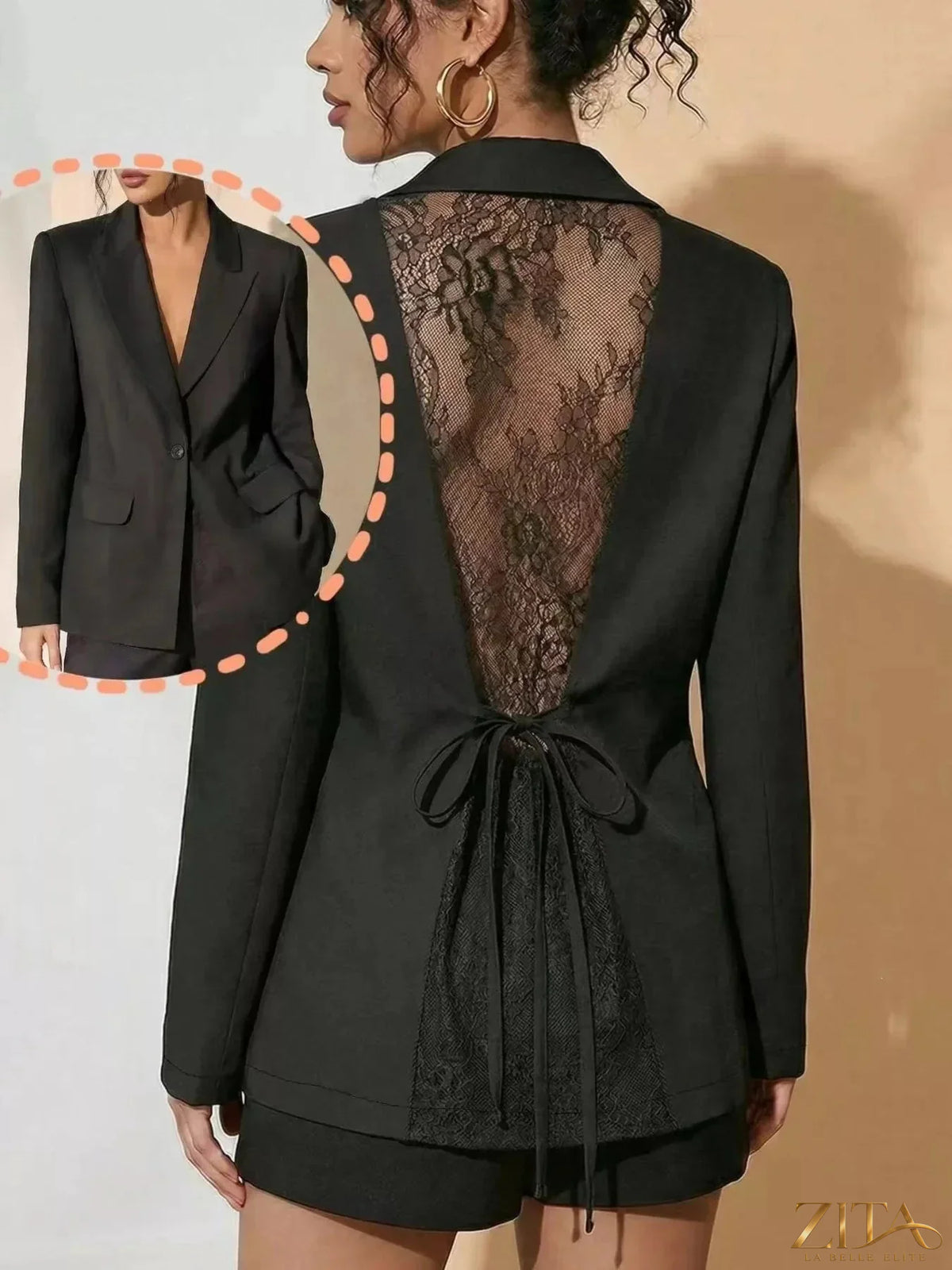 Zita La Belle Elite lace-back one button blazer showing tailored fit with lace detail at the back and single button closure.