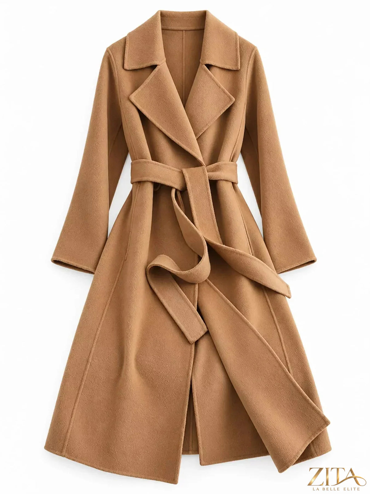 Zita La Belle Elite longline wool coat with waist-defining belt, featuring a classic tailored design and cozy fabric.
