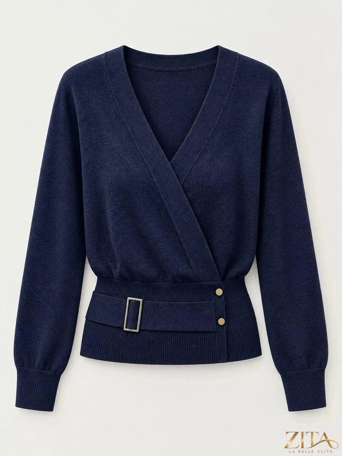 Zita La Belle Elite surplice long sleeve knit top with elastic waist, featuring a stylish and comfortable design.