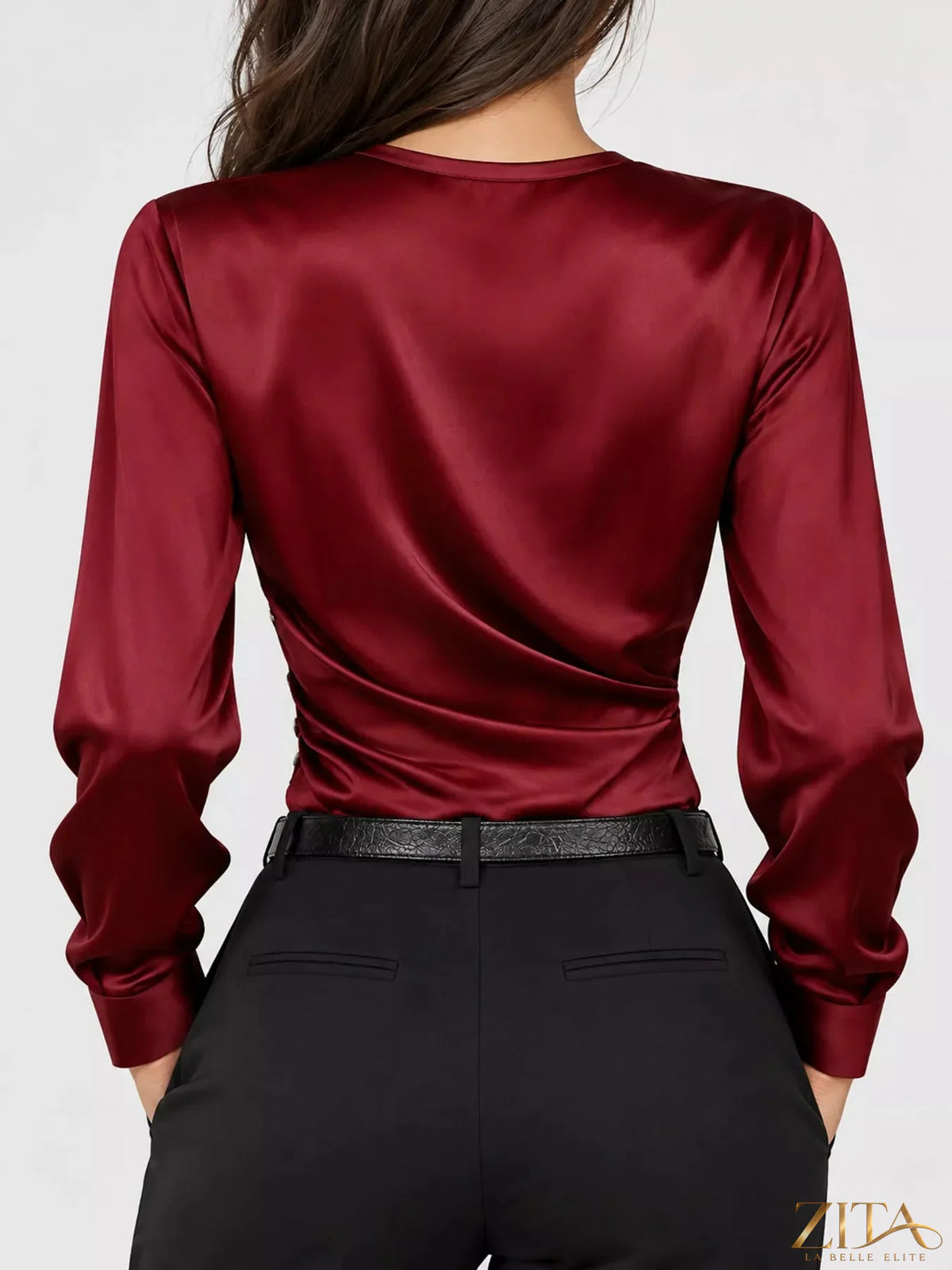 Zita La Belle Elite satin surplice long sleeve blouse featuring a V-neck and elegant drape in a smooth satin fabric.
