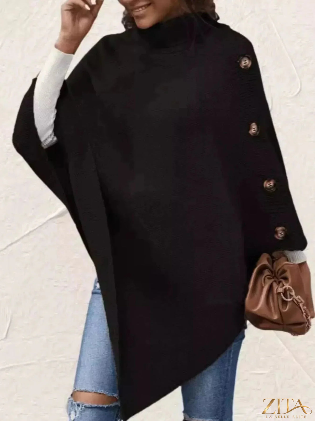 Zita La Belle Elite button-decor turtleneck poncho pullover in cozy knit, featuring decorative buttons and a loose fit.
