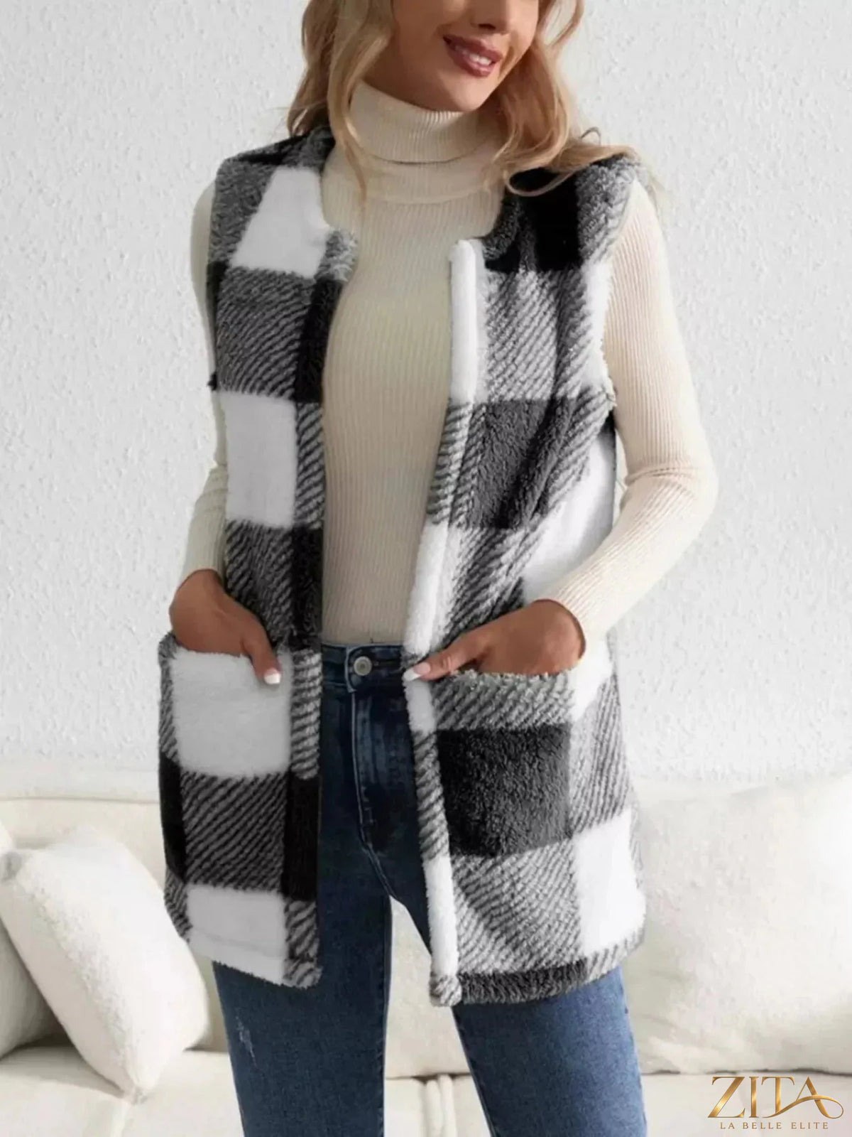 Zita La Belle Elite cozy plaid sherpa vest coat with soft lining and stylish design, perfect for layering in cold weather.
