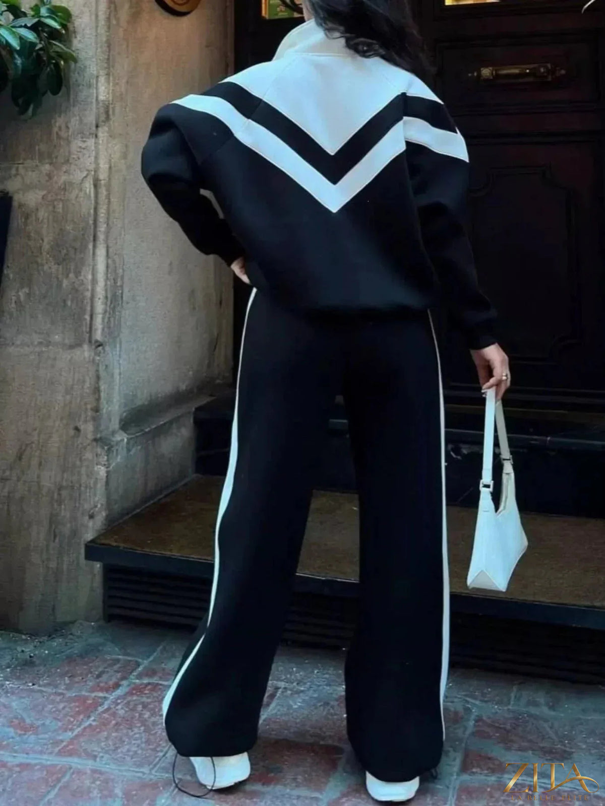 Zita La Belle Elite color block zip-up outerwear and pants set, featuring vibrant mixed colors and casual sporty style.