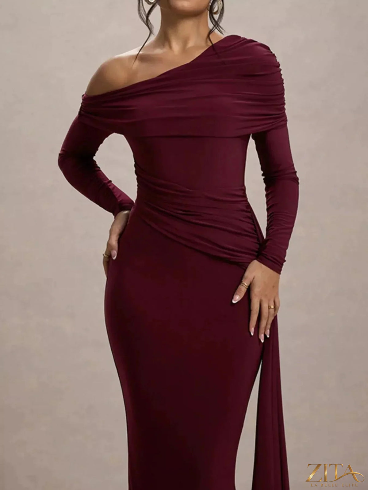 Zita La Belle Elite one-shoulder ruched maxi dress in elegant black fabric, flowing design with asymmetrical shoulder detail.
