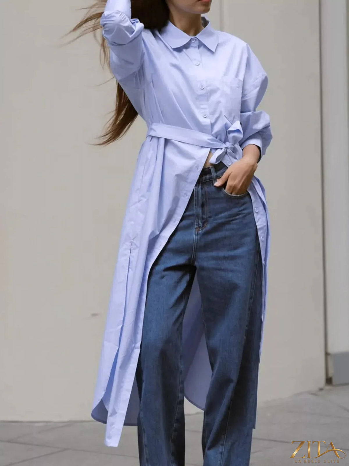 Longline button-down shirt by Zita La Belle Elite, featuring a relaxed fit and classic collar, shown in a stylish fabric.