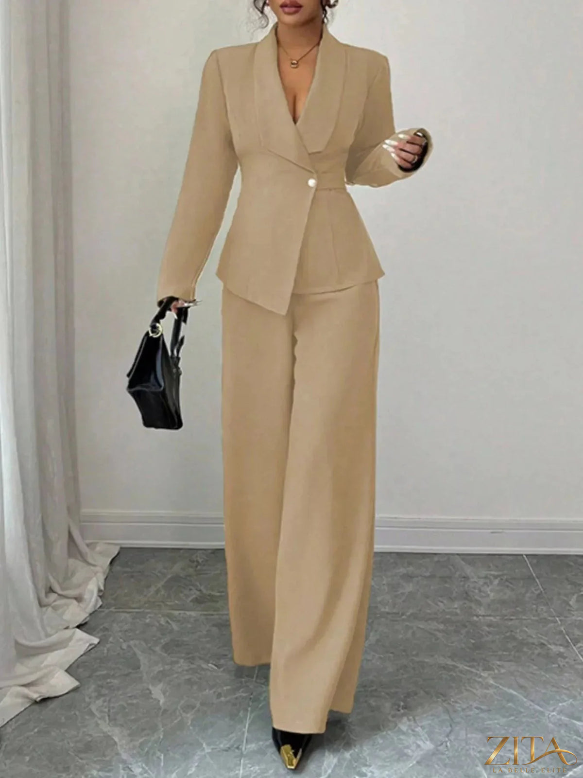 Zita La Belle Elite one-button blazer and matching pants set, tailored fit, in a sleek professional style, shown in a stylish flat lay image.
