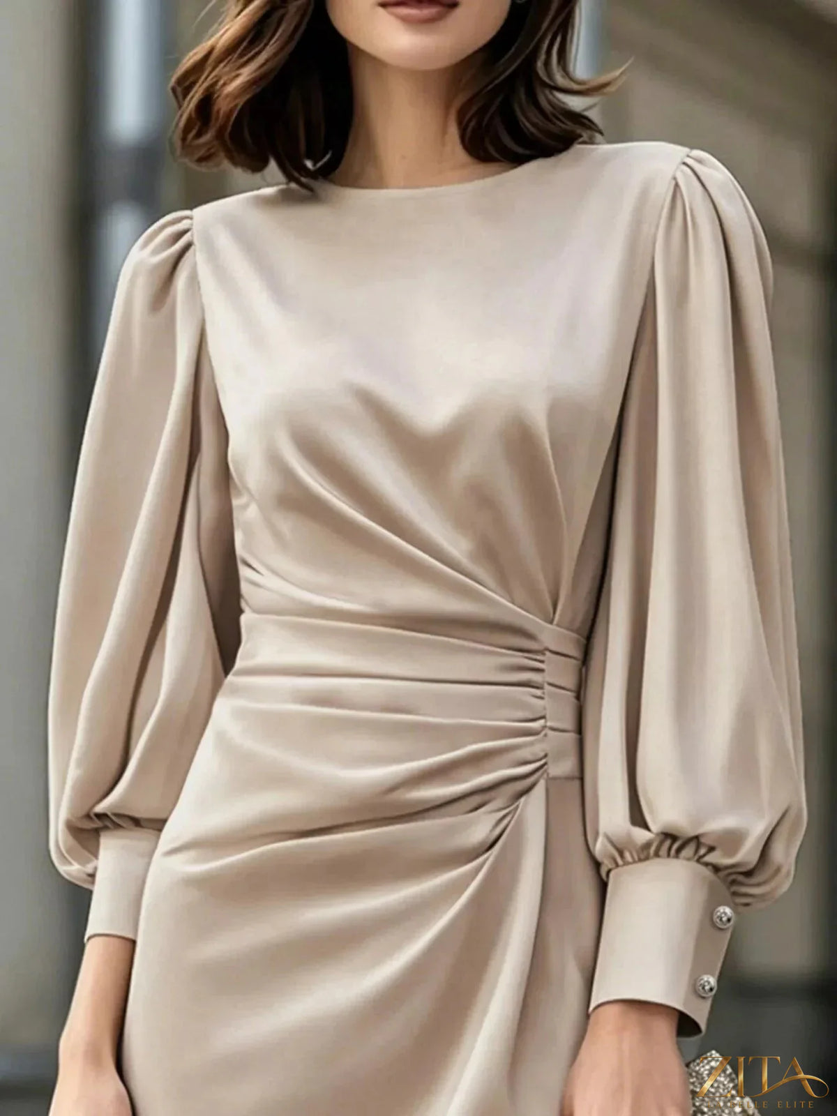 Zita La Belle Elite long sleeve satin ruched midi dress with a fitted silhouette and elegant design.