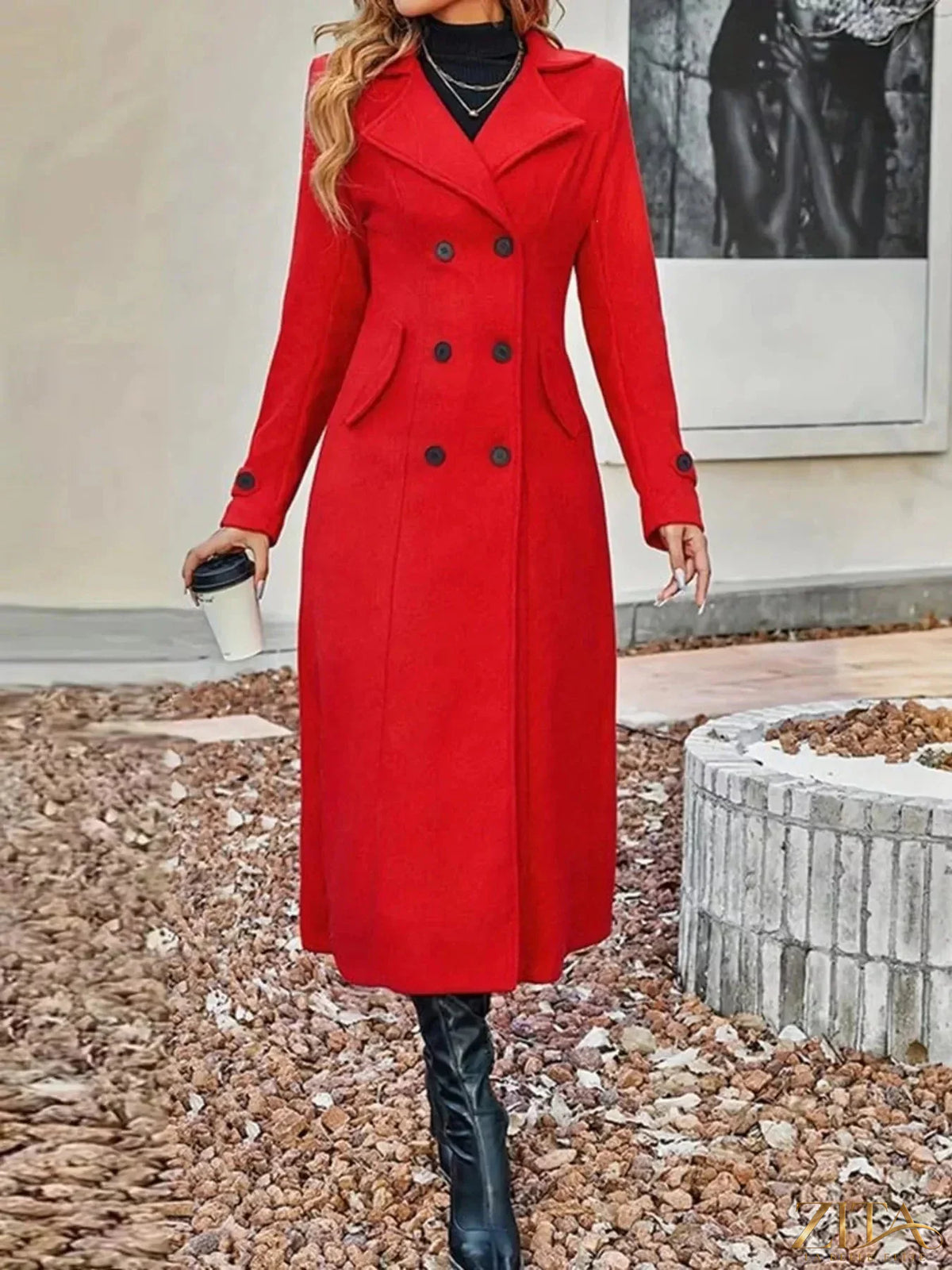 Plus size Zita La Belle Elite double-breasted longline trench coat with classic design and tailored fit, shown on a model.