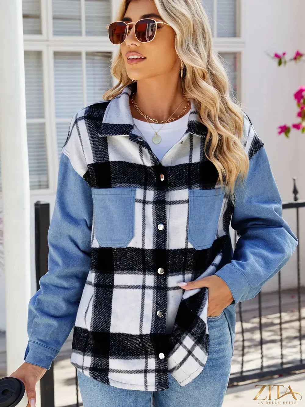 Zita La Belle Elite pocketed plaid snap-down denim jacket with front pockets and button closures, casual and stylish for everyday wear.