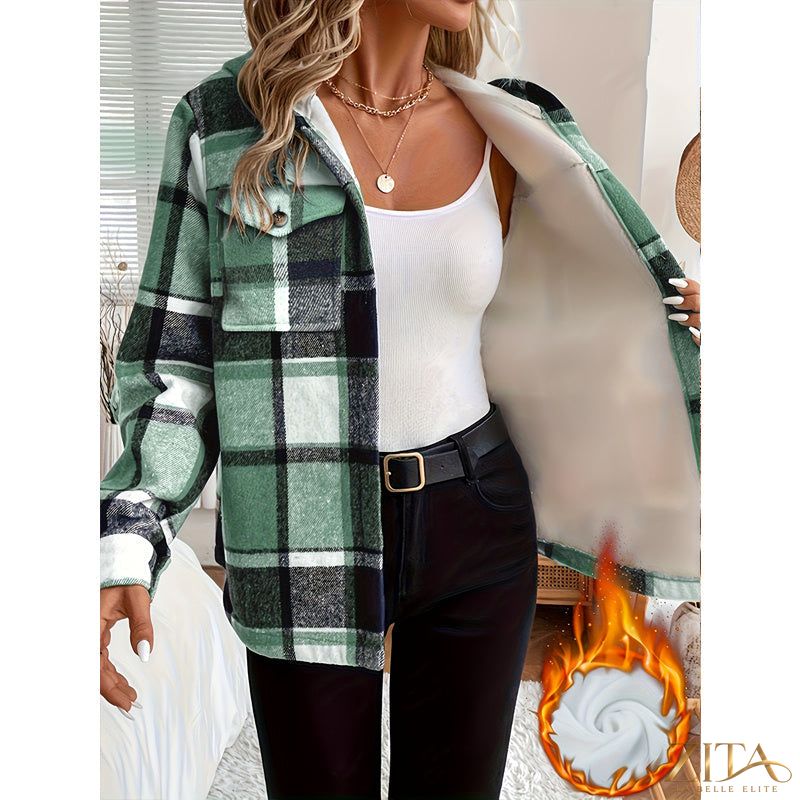 Women’s plaid fleece-lined hooded jacket by Zita La Belle Elite, showing the jacket’s hood, plaid pattern, and cozy fleece interior.